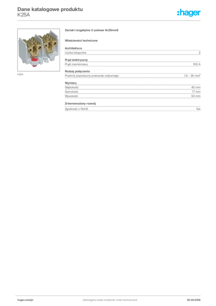 Zdjęcie Hager Karta katalogowa K25A | Hager Polska