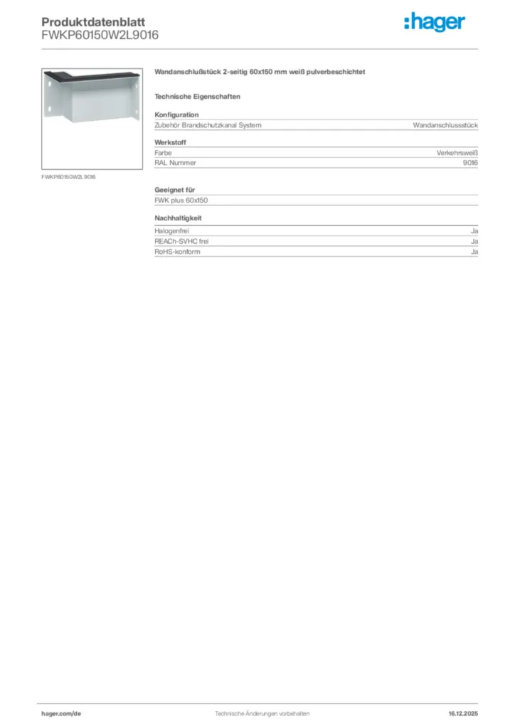 Bild Hager Produktdatenblatt FWKP60150W2L9016 | Hager Deutschland