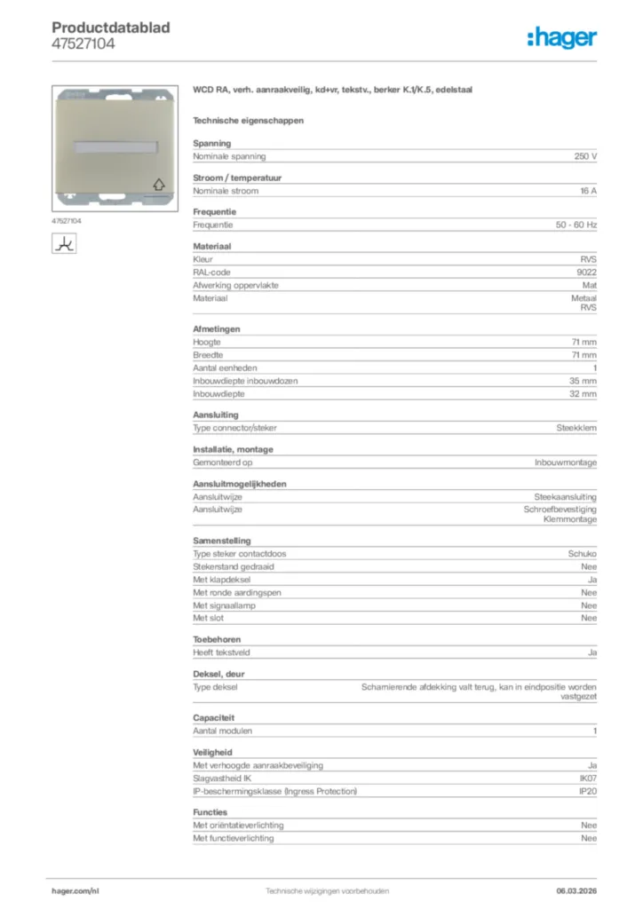 Afbeelding Hager Productdatablad 47527104 | Hager Nederland