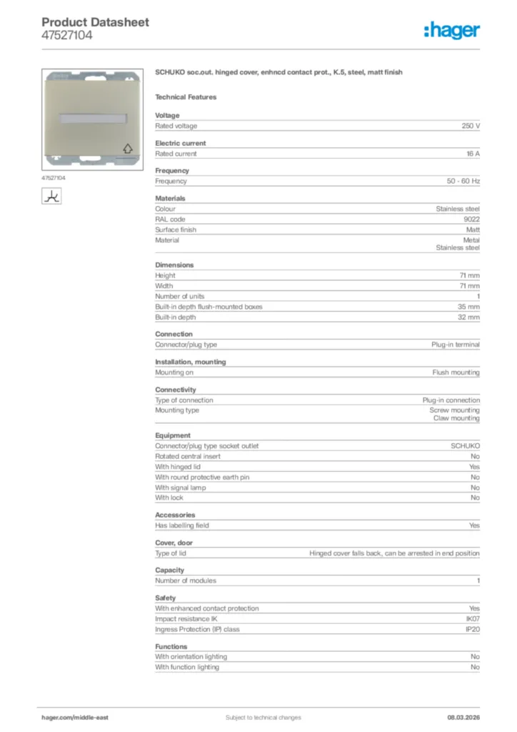 Image Hager Product data sheet 47527104  | Hager