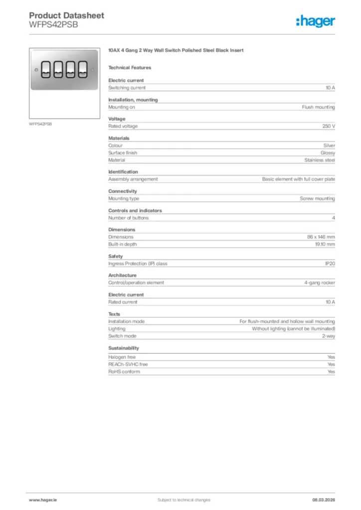 Image Hager Product data sheet WFPS42PSB  | Hager