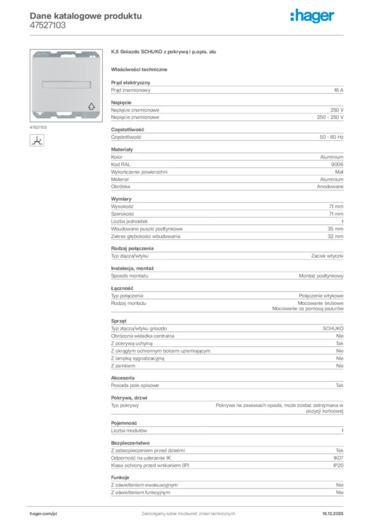 Zdjęcie Hager Karta katalogowa 47527103 | Hager Polska