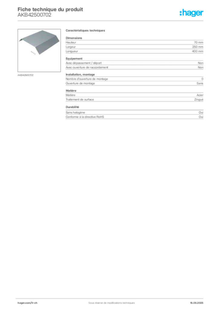 Image Hager Fiche technique du produit AKB42500702 | Hager Suisse