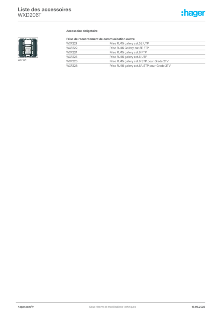 Image Hager Fiche technique du produit WXD206T | Hager France