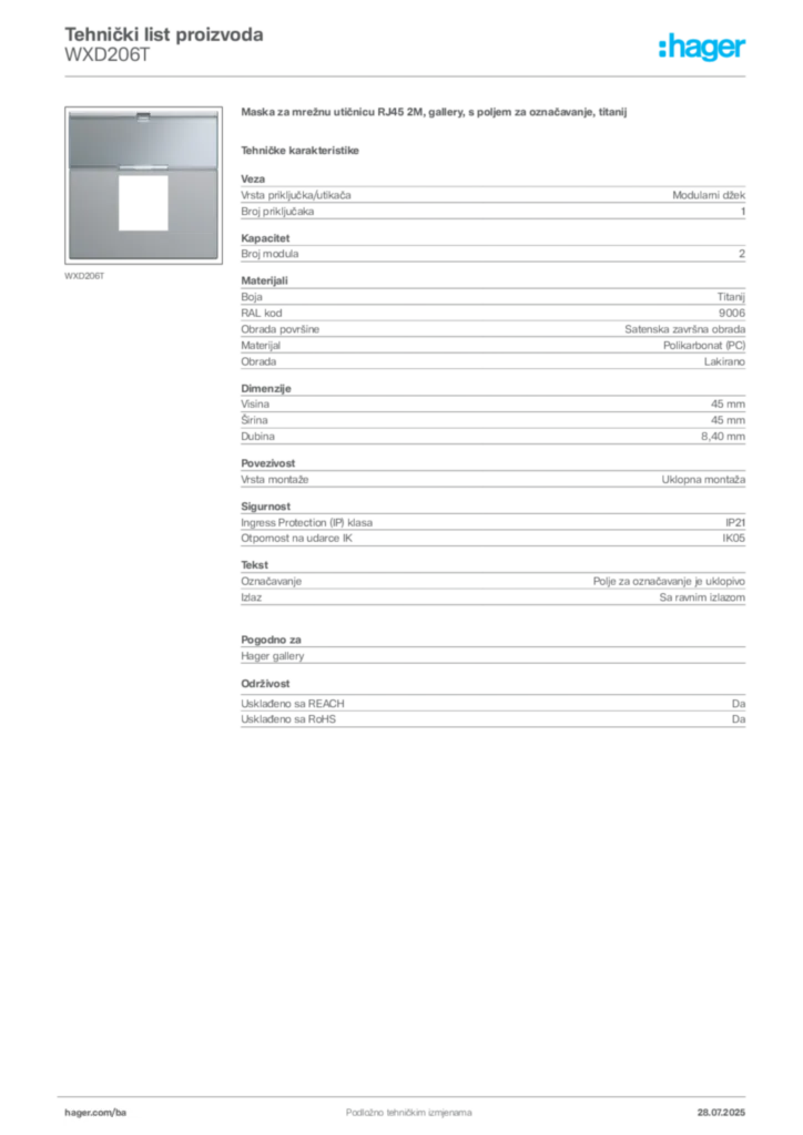 Slika Hager Product data sheet WXD206T  | Hager