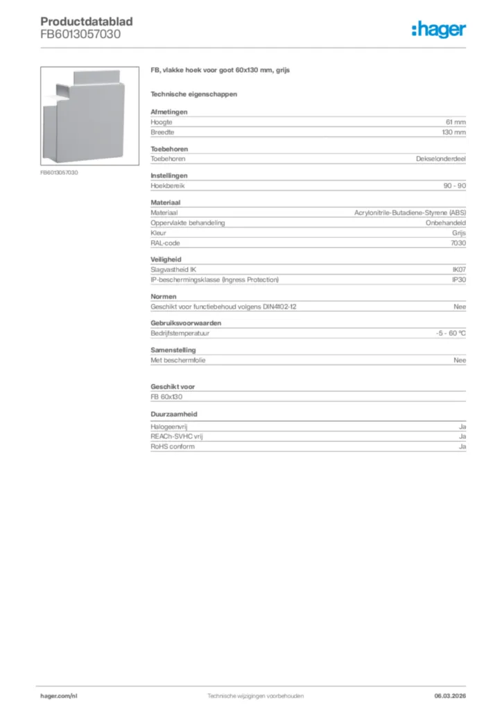 Afbeelding Hager Productdatablad FB6013057030 | Hager Nederland