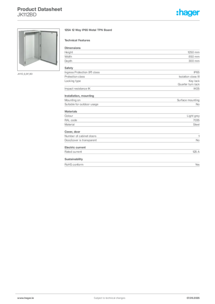 Image Hager Product data sheet JK112BD  | Hager
