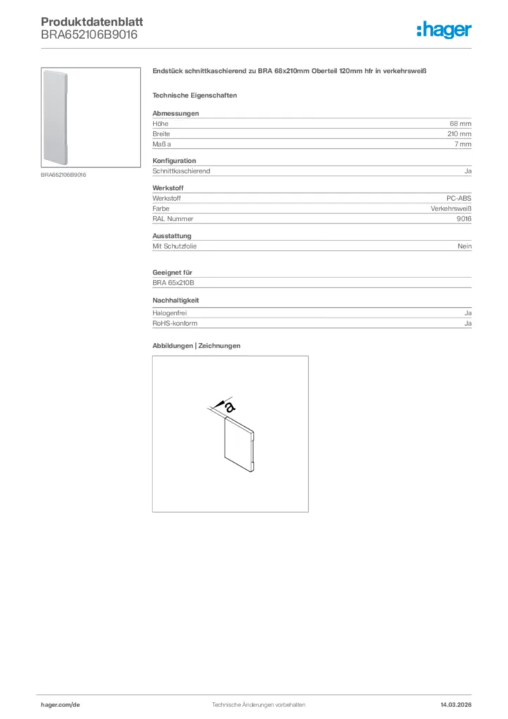 Bild Hager Produktdatenblatt BRA652106B9016 | Hager Deutschland