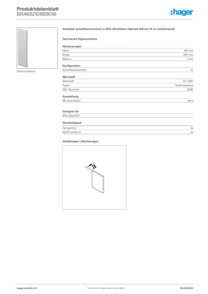 Bild Hager Produktdatenblatt BRA652106B9016 | Hager Schweiz