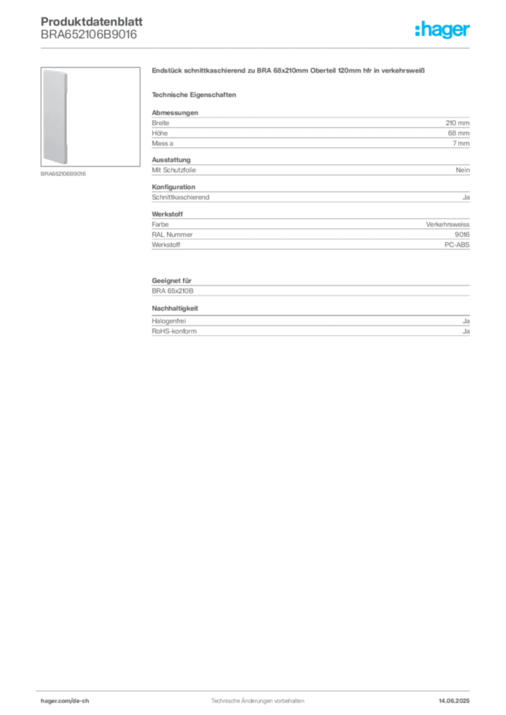 Bild Hager Produktdatenblatt BRA652106B9016 | Hager Schweiz