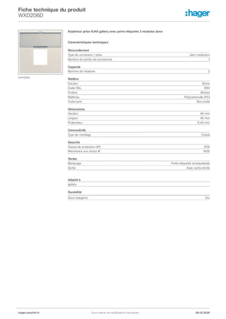 Image Hager Fiche technique du produit WXD206D | Hager Afrique