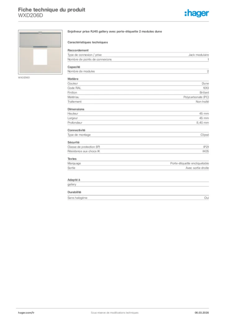 Image Hager Fiche technique du produit WXD206D | Hager France