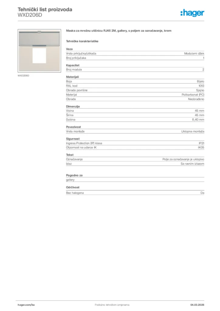 Slika Hager Tehnički list proizvoda WXD206D  | Hager