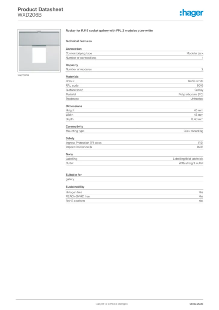 Image Hager Product data sheet WXD206B  | Hager Africa