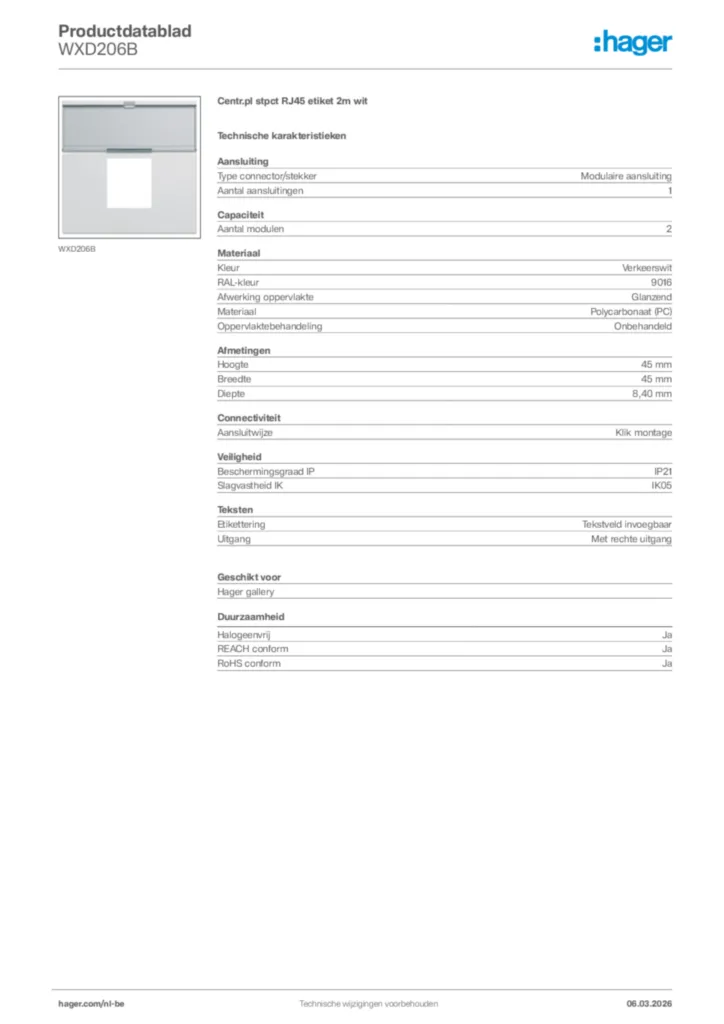 Afbeelding Hager Productdatablad WXD206B | Hager Belgium