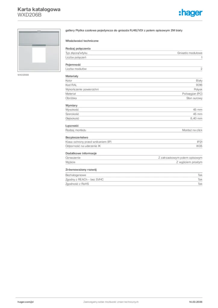 Zdjęcie Hager Karta katalogowa WXD206B | Hager Polska