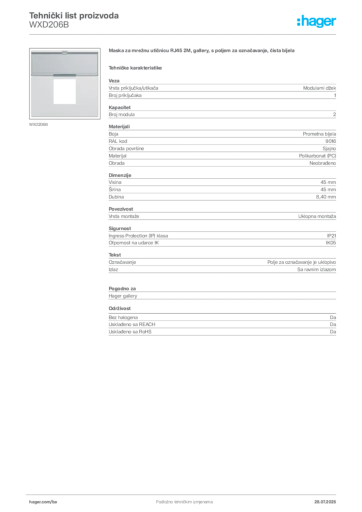 Slika Hager Product data sheet WXD206B  | Hager