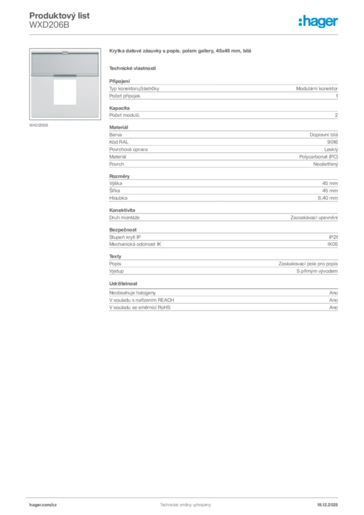 Obrázek Hager Produktový list WXD206B | Hager