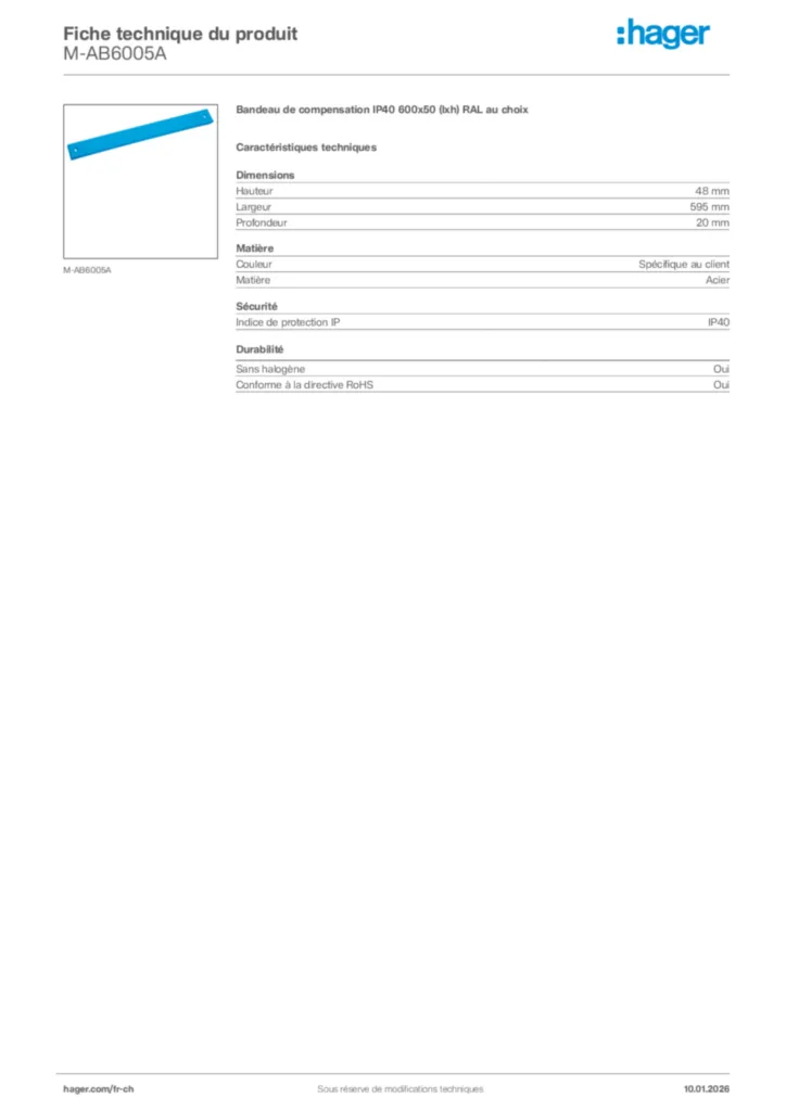 Image Hager Fiche technique du produit M-AB6005A | Hager Suisse