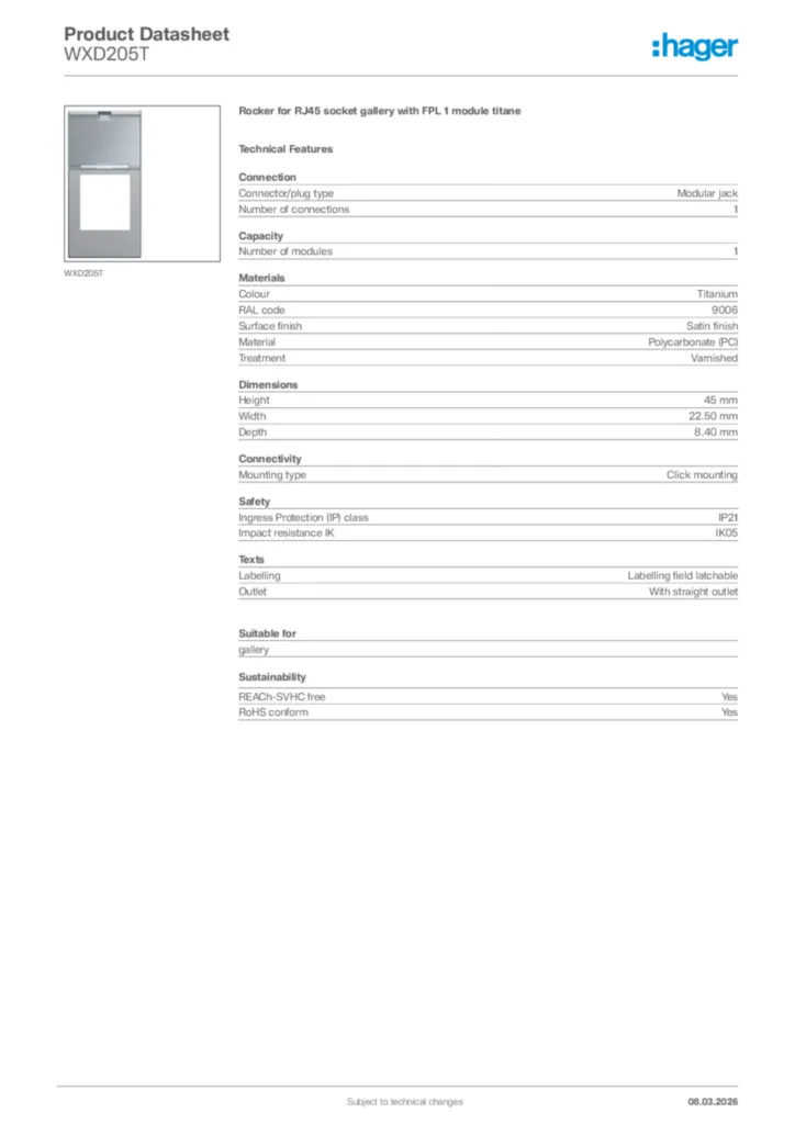 Image Hager Product data sheet WXD205T  | Hager Africa