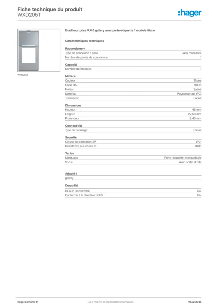 Image Hager Fiche technique du produit WXD205T | Hager Afrique