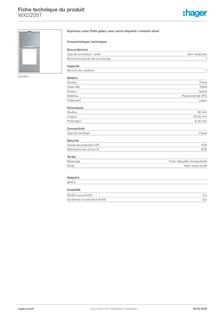 Image Hager Fiche technique du produit WXD205T | Hager France