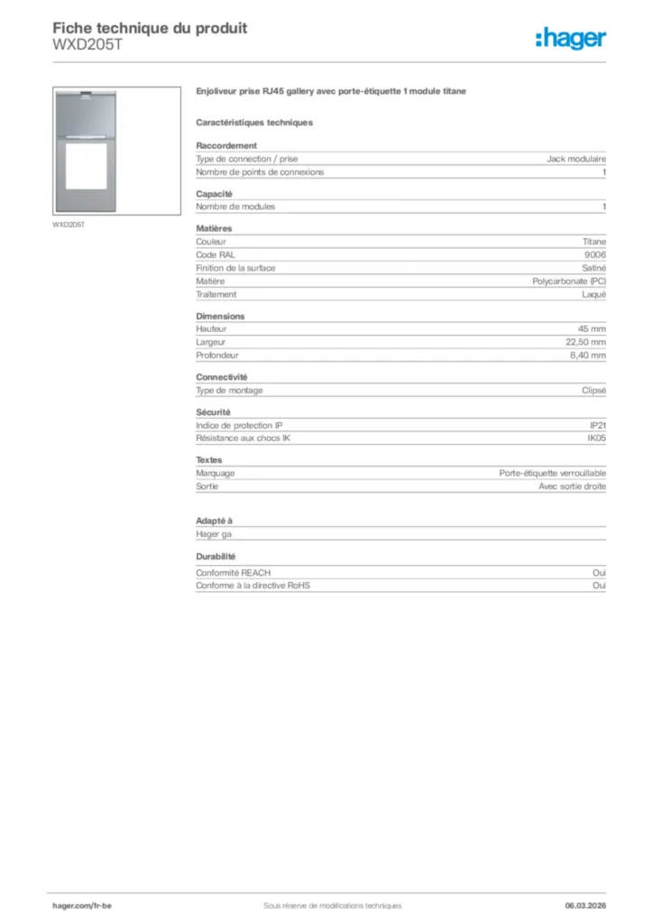 Image Hager Fiche technique du produit WXD205T | Hager Belgique