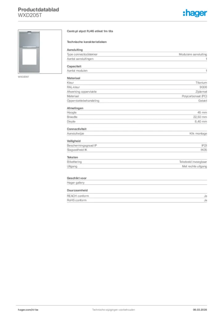 Afbeelding Hager Productdatablad WXD205T | Hager Belgium