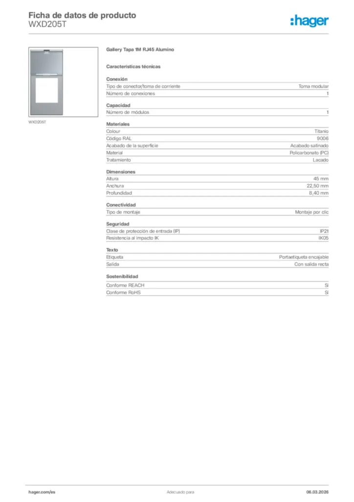 Imagen Hager Ficha de datos de producto WXD205T | Hager España