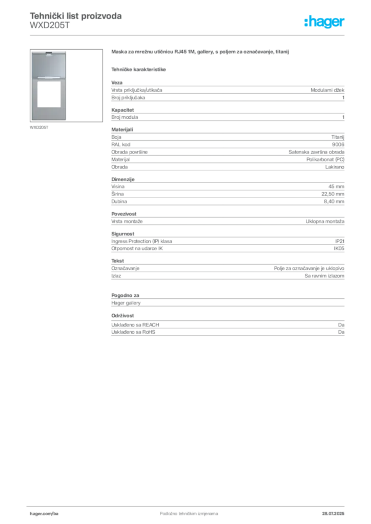 Slika Hager Product data sheet WXD205T  | Hager
