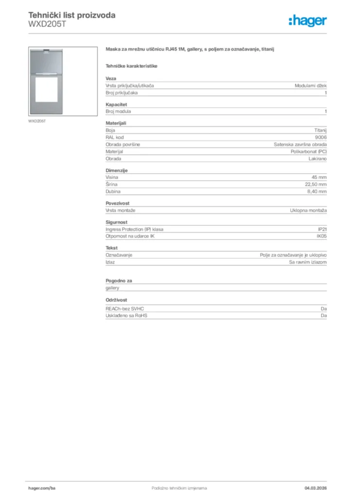 Slika Hager Tehnički list proizvoda WXD205T  | Hager