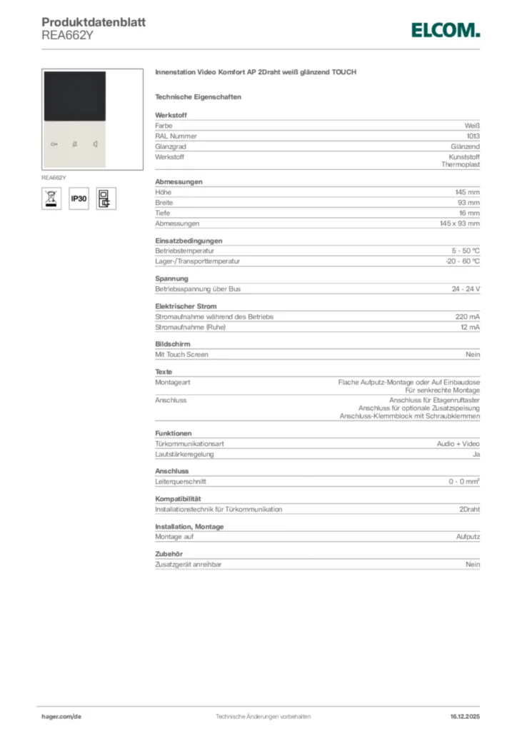 Bild Elcom Produktdatenblatt REA662Y | Hager Deutschland