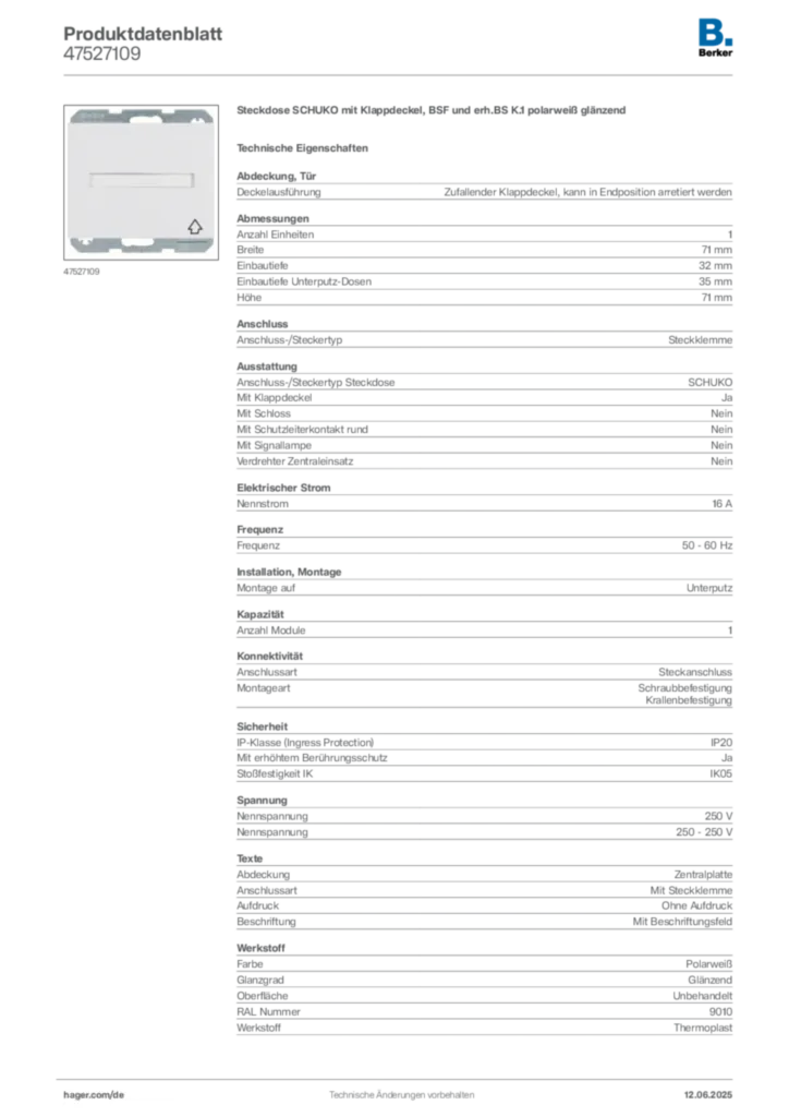 Bild Berker Produktdatenblatt 47527109 | Hager Deutschland