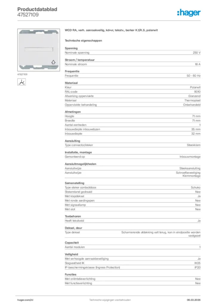 Afbeelding Hager Productdatablad 47527109 | Hager Nederland