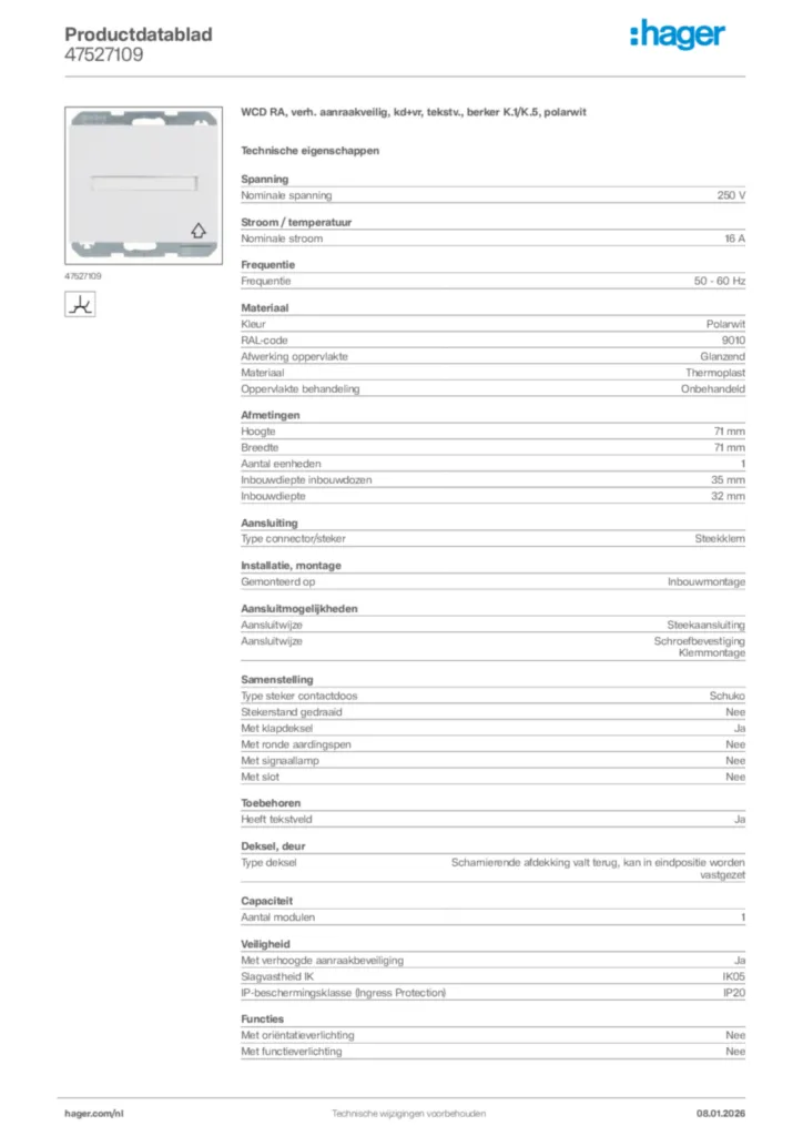 Afbeelding Hager Productdatablad 47527109 | Hager Nederland