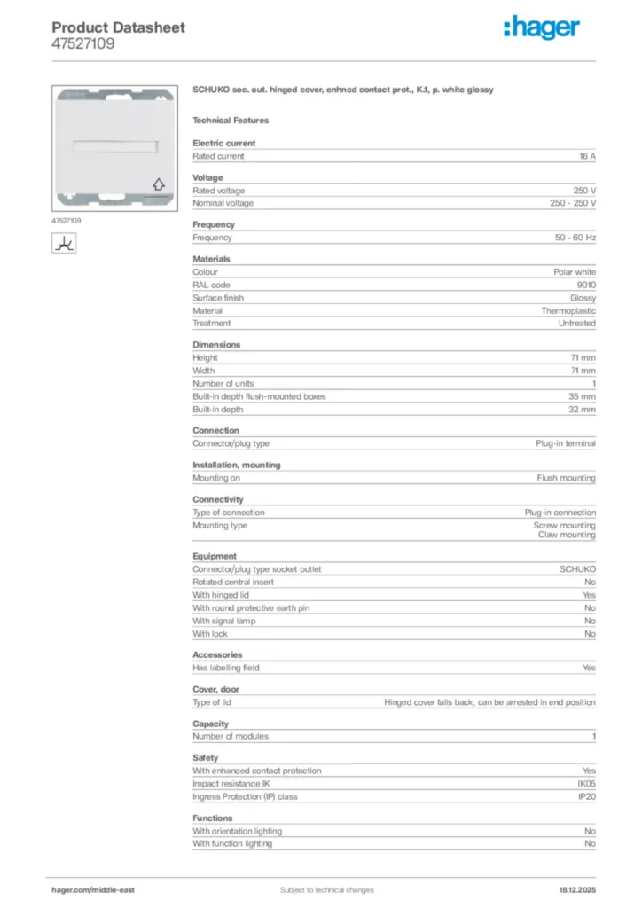 Image Hager Product data sheet 47527109  | Hager