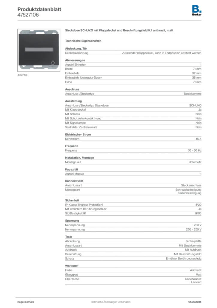 Bild Berker Produktdatenblatt 47527106 | Hager Deutschland
