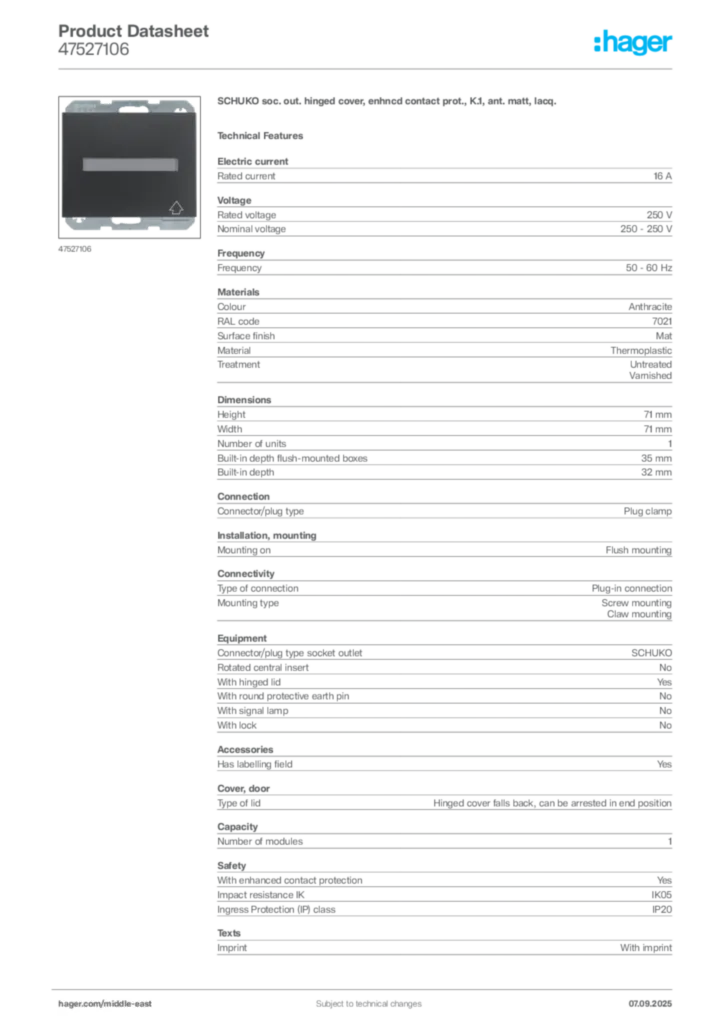 Image Hager Product data sheet 47527106  | Hager