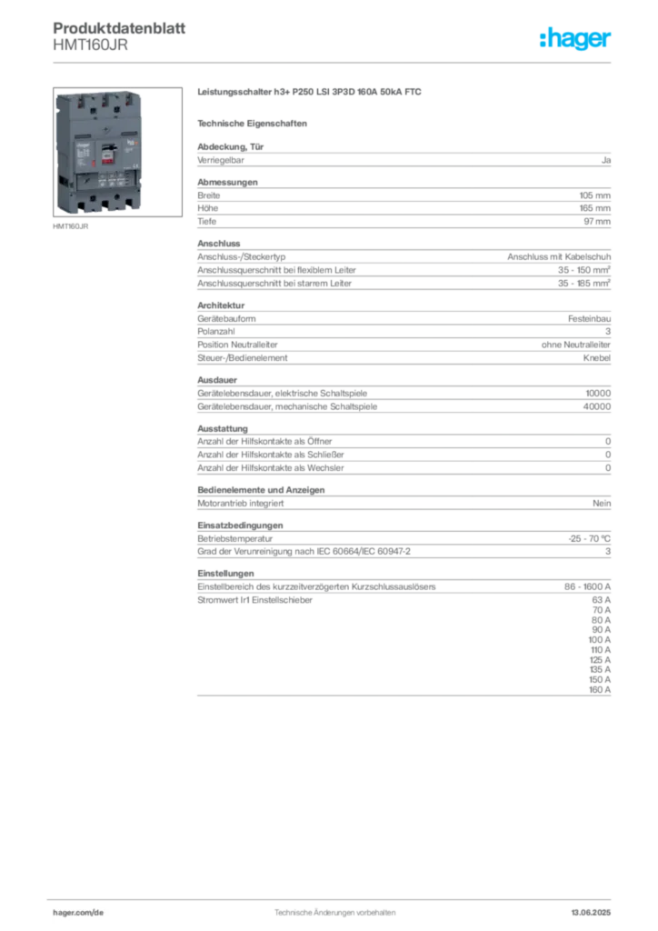 Bild Hager Produktdatenblatt HMT160JR | Hager Deutschland