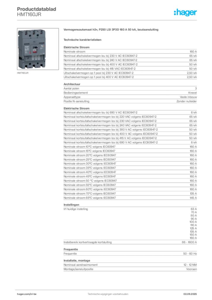 Afbeelding Hager Productdatablad HMT160JR | Hager Belgium
