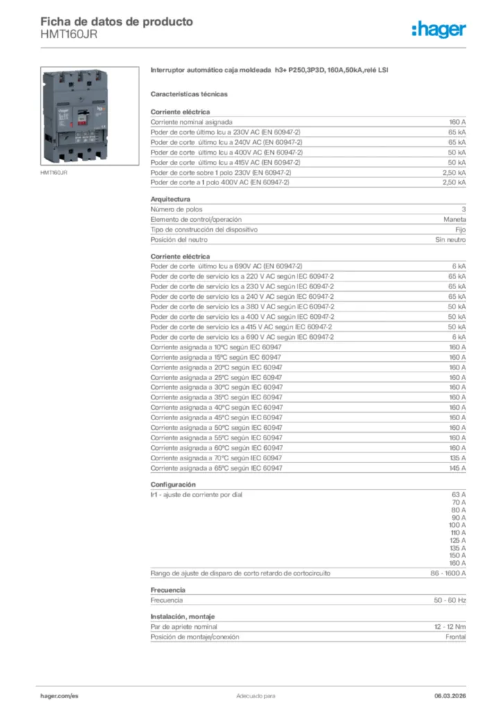 Imagen Hager Ficha de datos de producto HMT160JR | Hager España