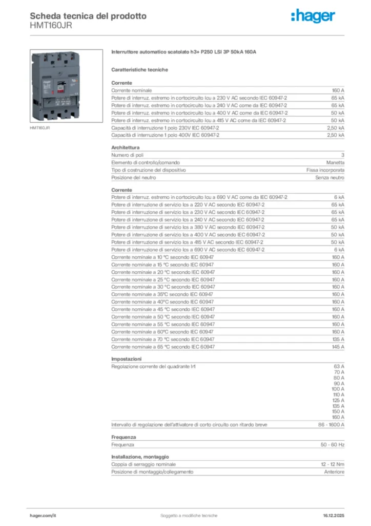Immagine Hager Scheda tecnica del prodotto HMT160JR | Hager Italia
