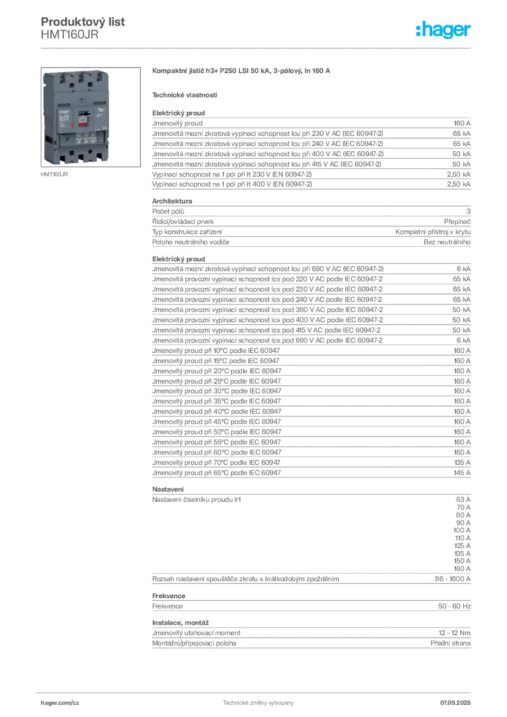 Obrázek Hager Produktový list HMT160JR | Hager