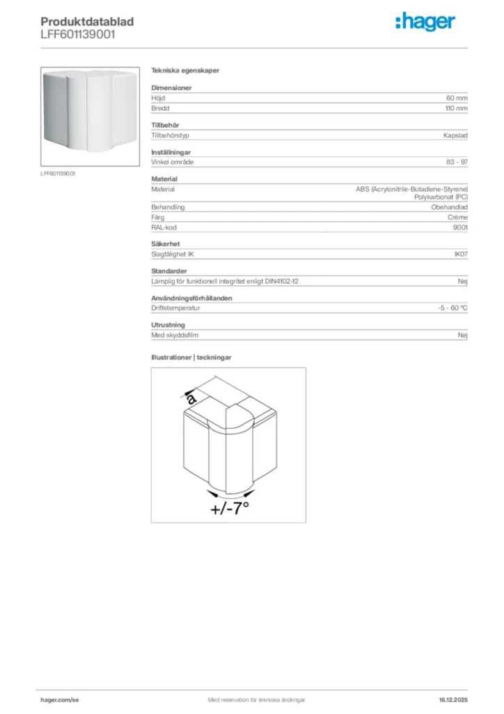 Bild Hager Produktdatablad LFF601139001 | Hager Sverige