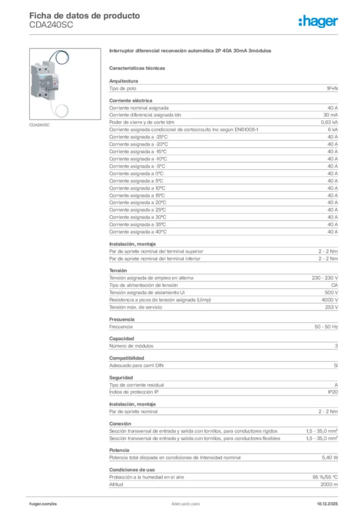 Imagen Hager Ficha de datos de producto CDA240SC | Hager España