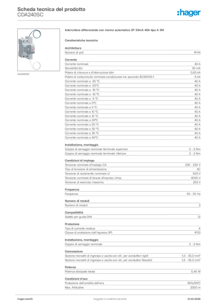 Immagine Hager Scheda tecnica del prodotto CDA240SC | Hager Italia