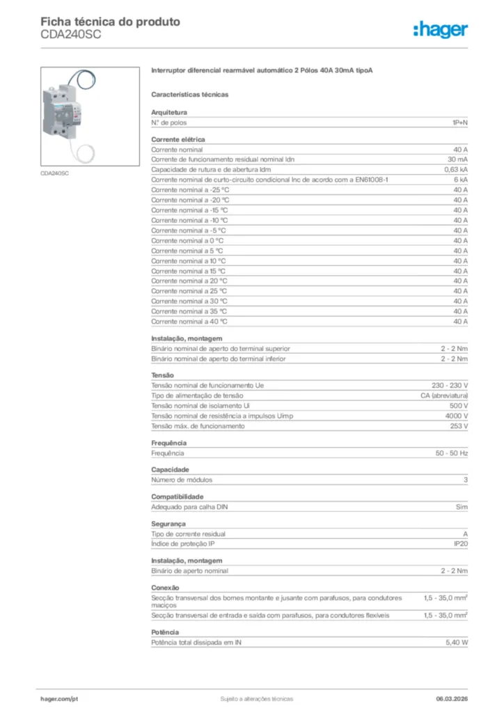 Imagem Hager Ficha técnica do produto CDA240SC | Hager Portugal