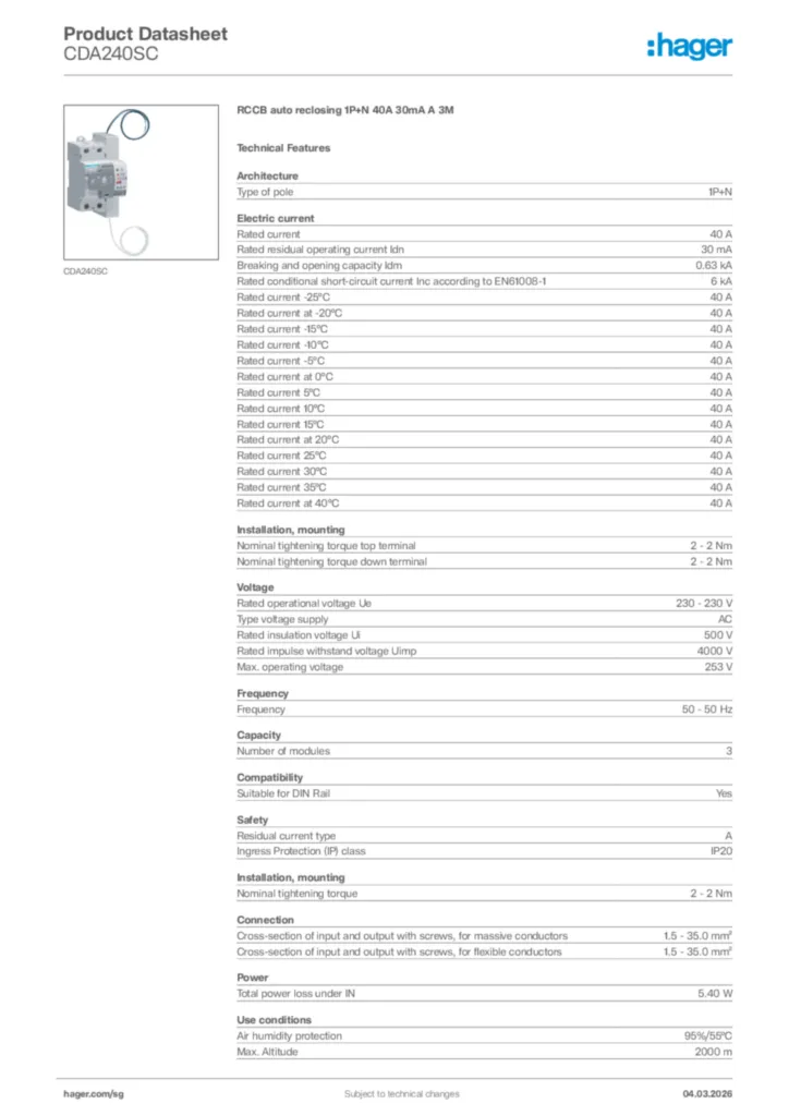 Image Hager Product data sheet CDA240SC  | Hager
