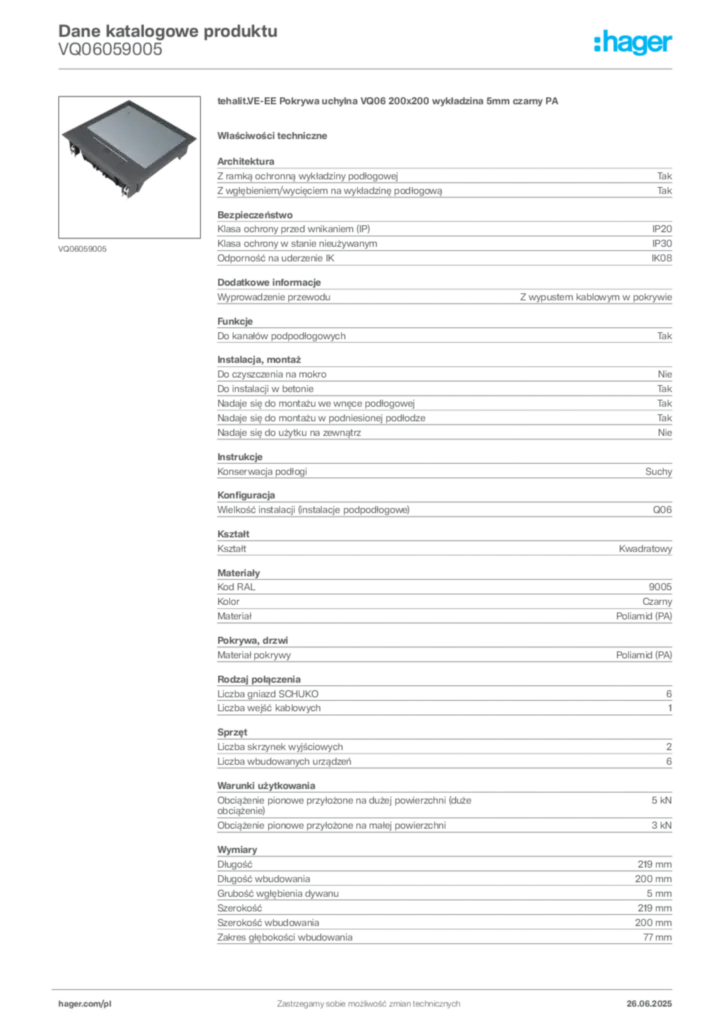 Zdjęcie Hager Karta katalogowa VQ06059005 | Hager Polska