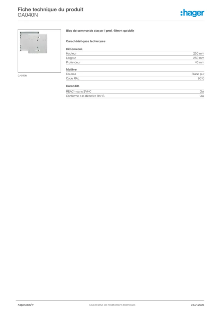Image Hager Fiche technique du produit GA040N | Hager France